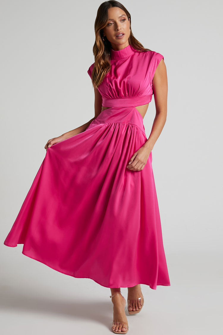 Flowy High Neck Ruched Trim Cutout Waist Summer Midi Sundress - Hot Pink