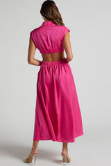 Flowy High Neck Ruched Trim Cutout Waist Summer Midi Sundress - Hot Pink