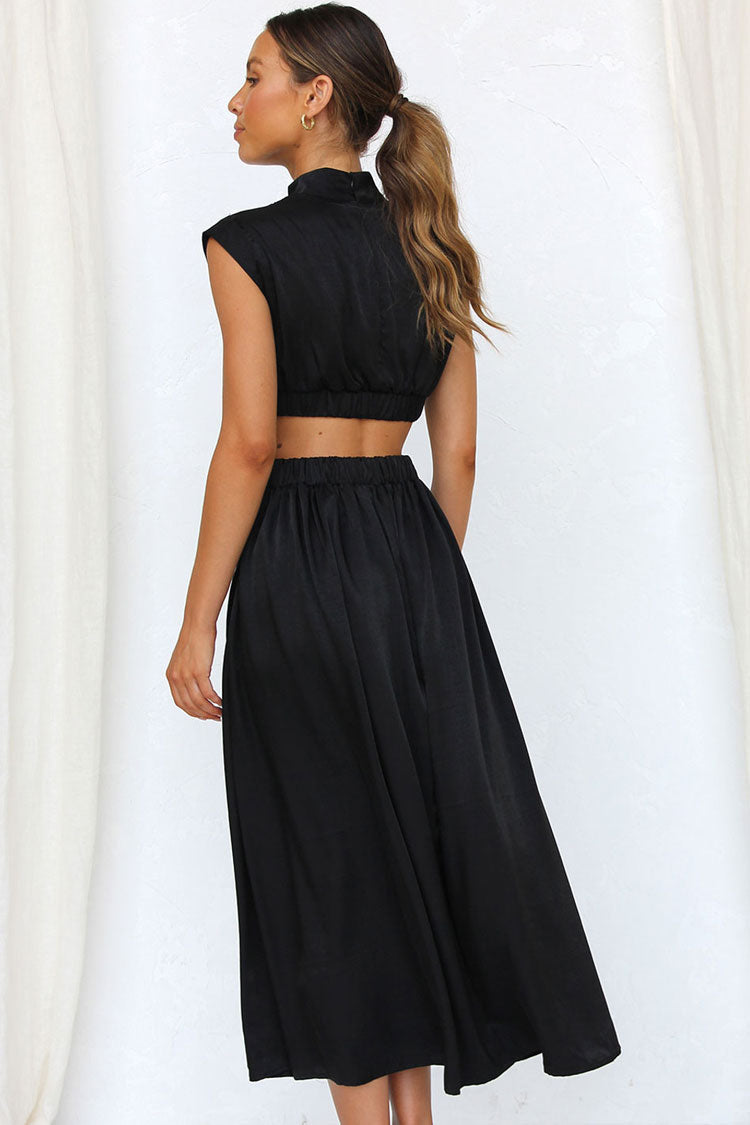 Flowy High Neck Ruched Trim Cutout Waist Summer Midi Sundress - Black