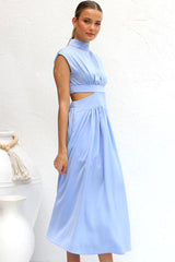 Flowy High Neck Ruched Trim Cutout Waist Summer Midi Sundress - Light Blue