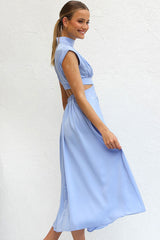 Flowy High Neck Ruched Trim Cutout Waist Summer Midi Sundress - Light Blue