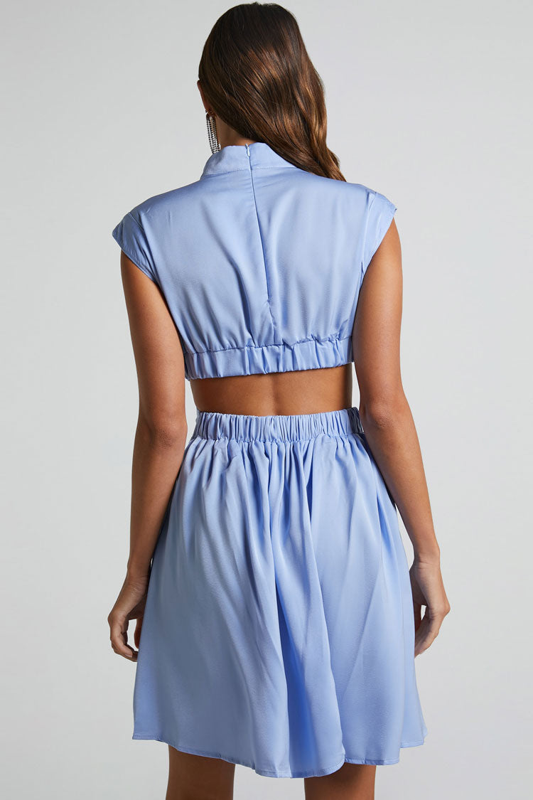 Flowy High Neck Ruched Trim Cutout Waist Summer Mini Sundress - Light Blue