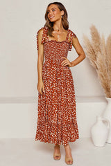 Flowy Leopard Print Tie Strap Maxi Beach Vacation Dress - Rust