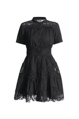 Flowy Mock Neck Short Sleeve Floral Guipure Lace Button Up Shirt Mini Dress