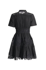 Flowy Mock Neck Short Sleeve Floral Guipure Lace Button Up Shirt Mini Dress