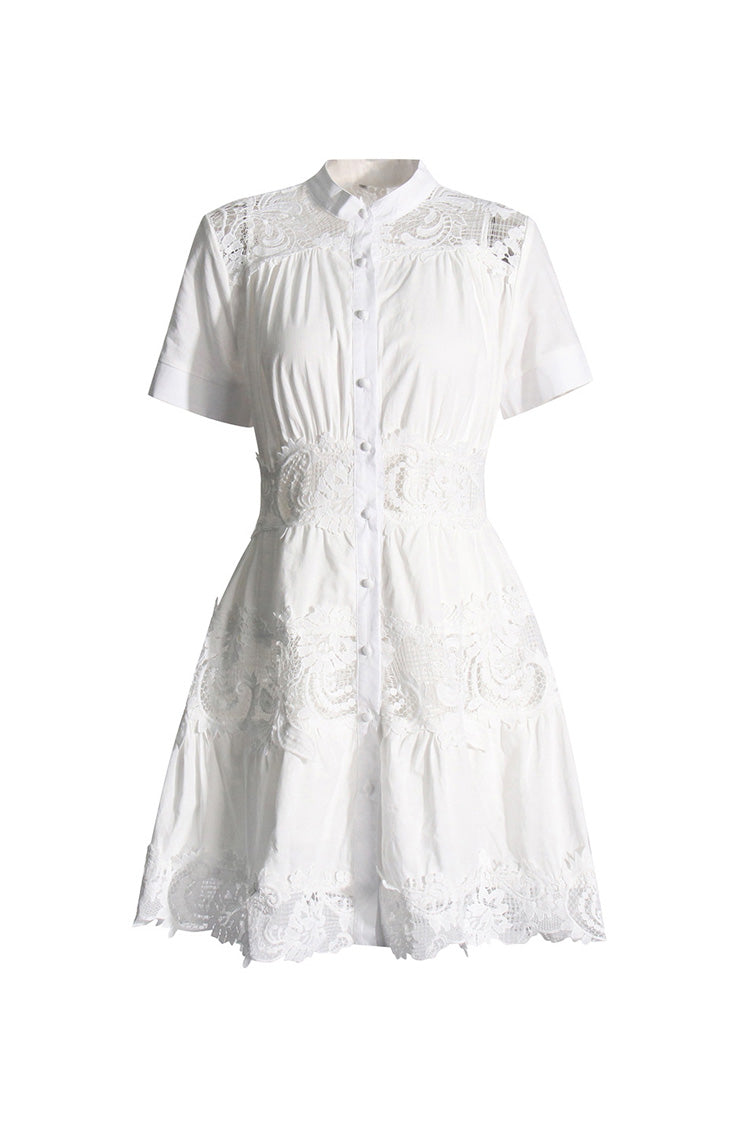 Flowy Mock Neck Short Sleeve Floral Guipure Lace Button Up Shirt Mini Dress