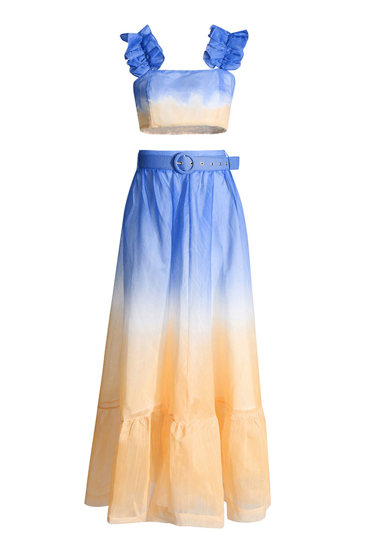 Flowy Ombré Ruffle Smock Crop Top Belted High Rise Two Piece Maxi Dress