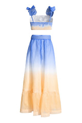 Flowy Ombré Ruffle Smock Crop Top Belted High Rise Two Piece Maxi Dress