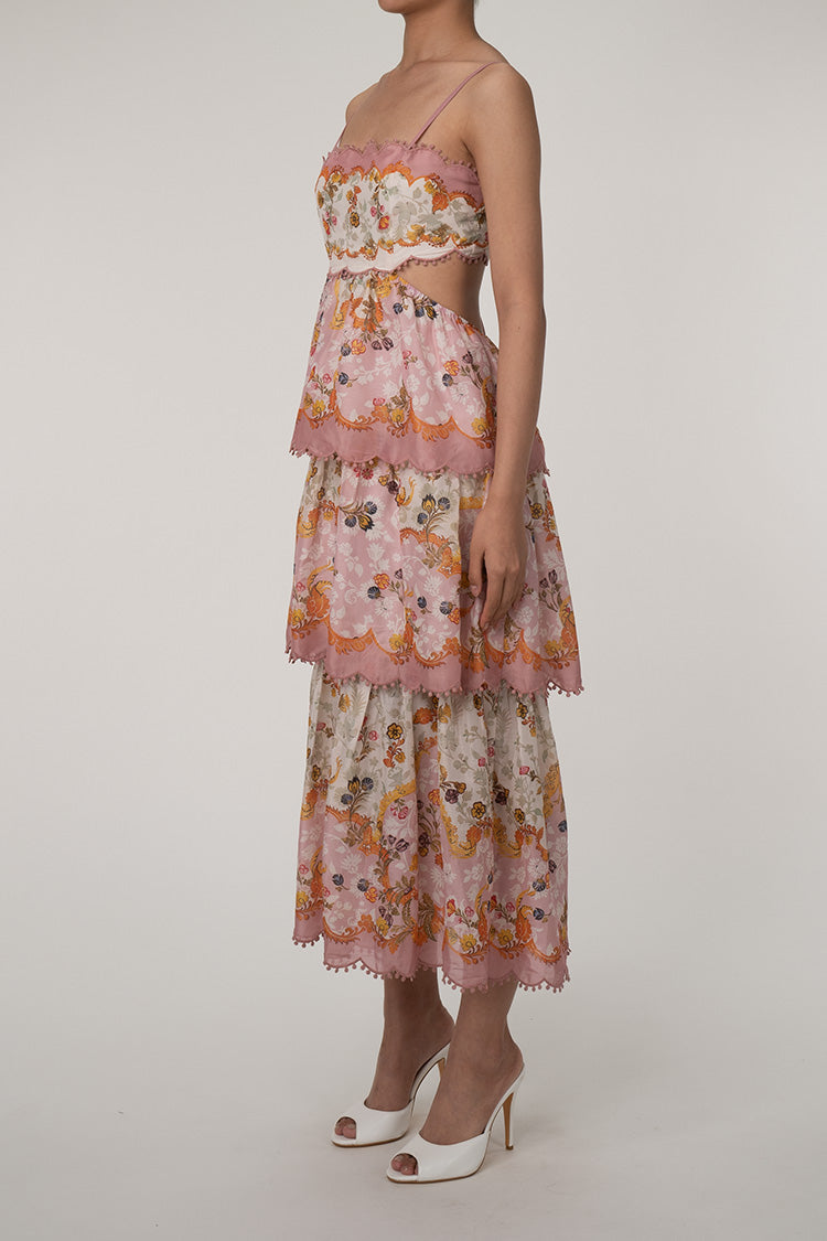 Flowy Scallop Empire Waist Laced Back Cutout Tiered Ruffle Floral Maxi Sundress