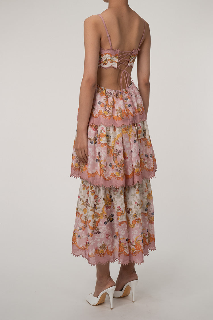 Flowy Scallop Empire Waist Laced Back Cutout Tiered Ruffle Floral Maxi Sundress