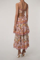 Flowy Scallop Empire Waist Laced Back Cutout Tiered Ruffle Floral Maxi Sundress