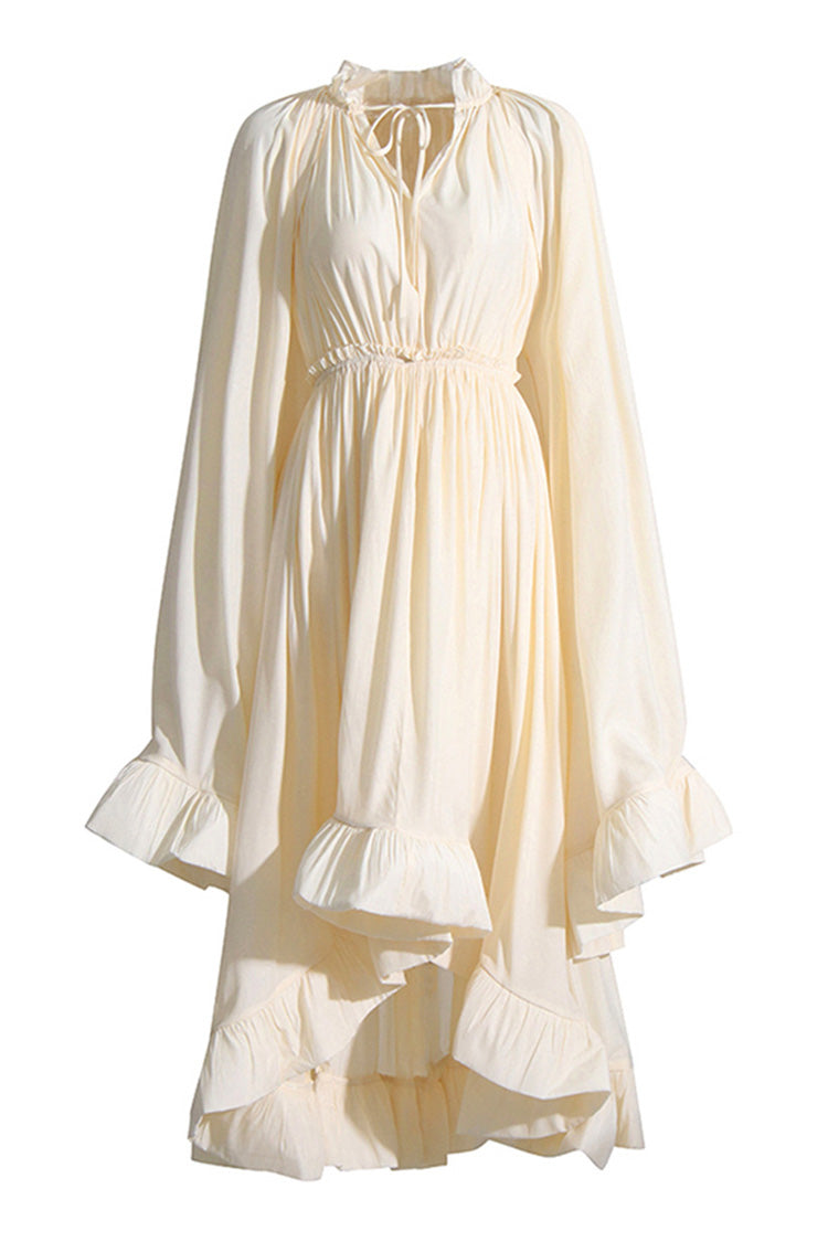 Flowy Tie Neck Cape Sleeve High Waist Ruched Ruffle High Low Dress