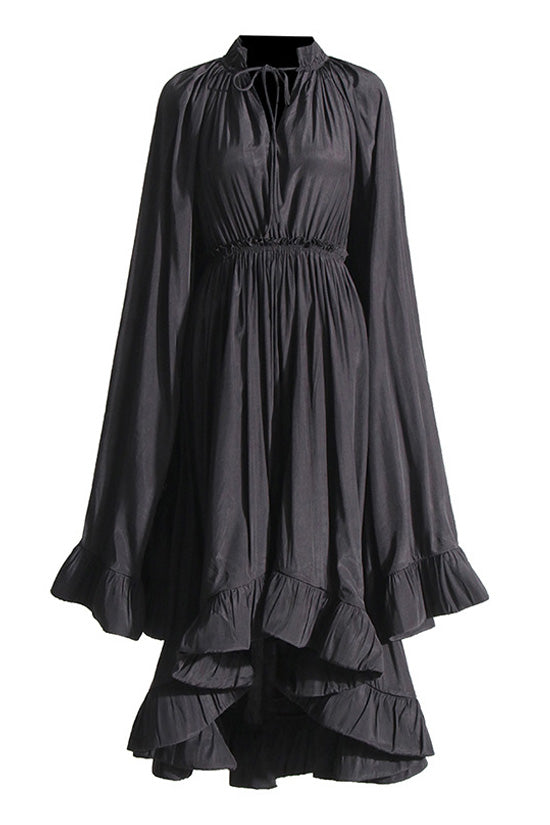 Flowy Tie Neck Cape Sleeve High Waist Ruched Ruffle High Low Dress