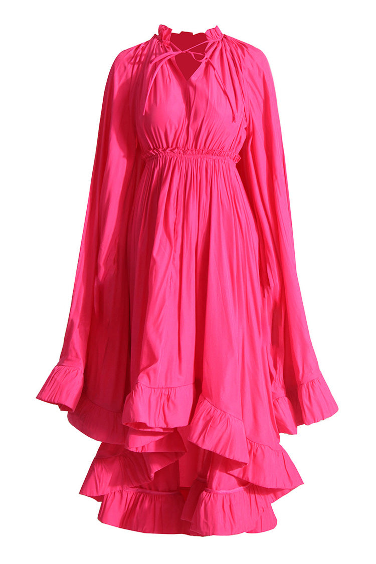 Flowy Tie Neck Cape Sleeve High Waist Ruched Ruffle High Low Dress