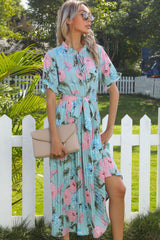 Flowy Tie Neck Puff Sleeve Pleated Floral Printed Midi Dress - Lake Blue