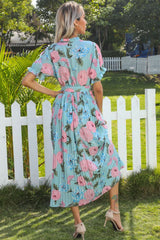 Flowy Tie Neck Puff Sleeve Pleated Floral Printed Midi Dress - Lake Blue