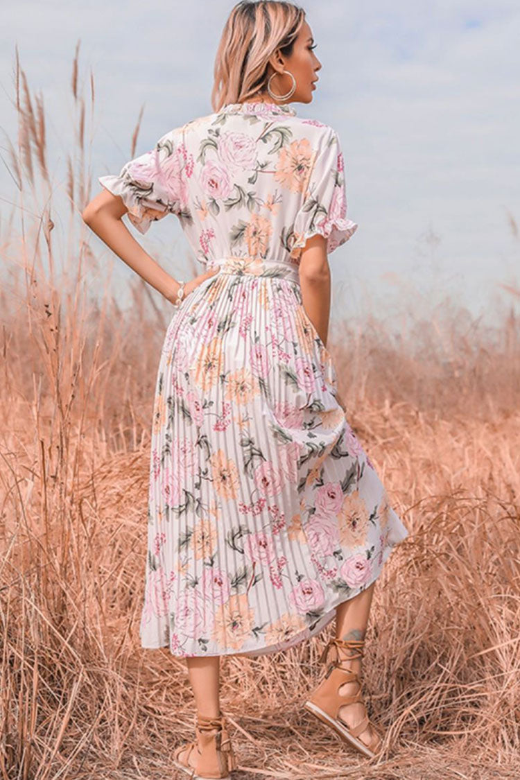 Flowy Tie Neck Puff Sleeve Pleated Floral Printed Midi Dress - Pink