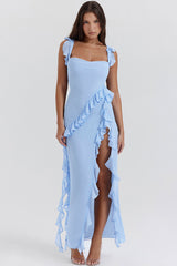 Fluttering Sweetheart Sleeveless High Split Draped Ruffle Maxi Dress - Blue