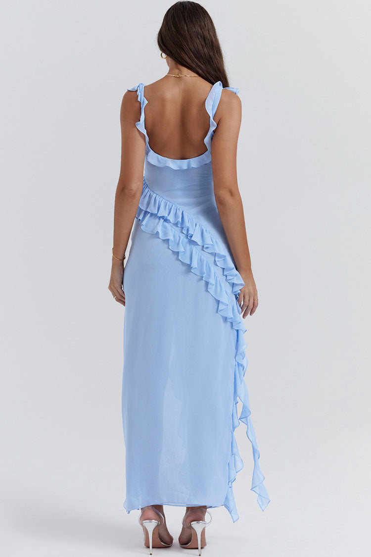 Fluttering Sweetheart Sleeveless High Split Draped Ruffle Maxi Dress - Blue