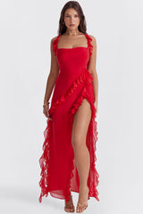 Fluttering Sweetheart Sleeveless High Split Draped Ruffle Maxi Dress - Red