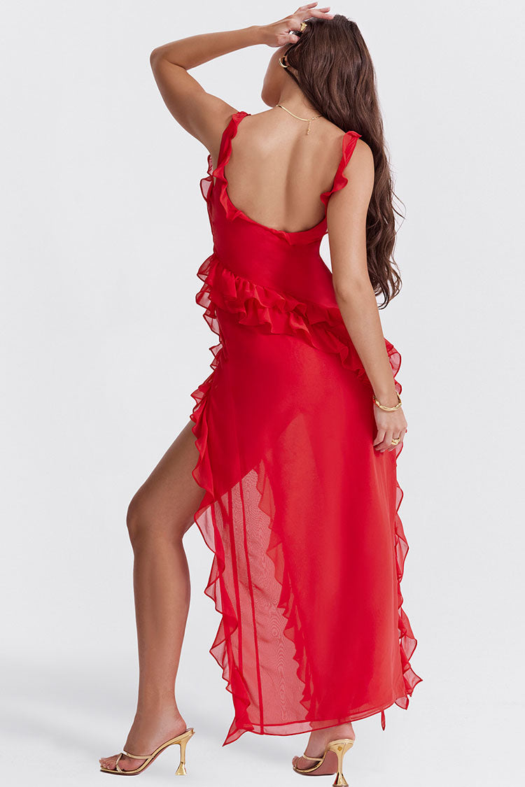 Fluttering Sweetheart Sleeveless High Split Draped Ruffle Maxi Dress - Red