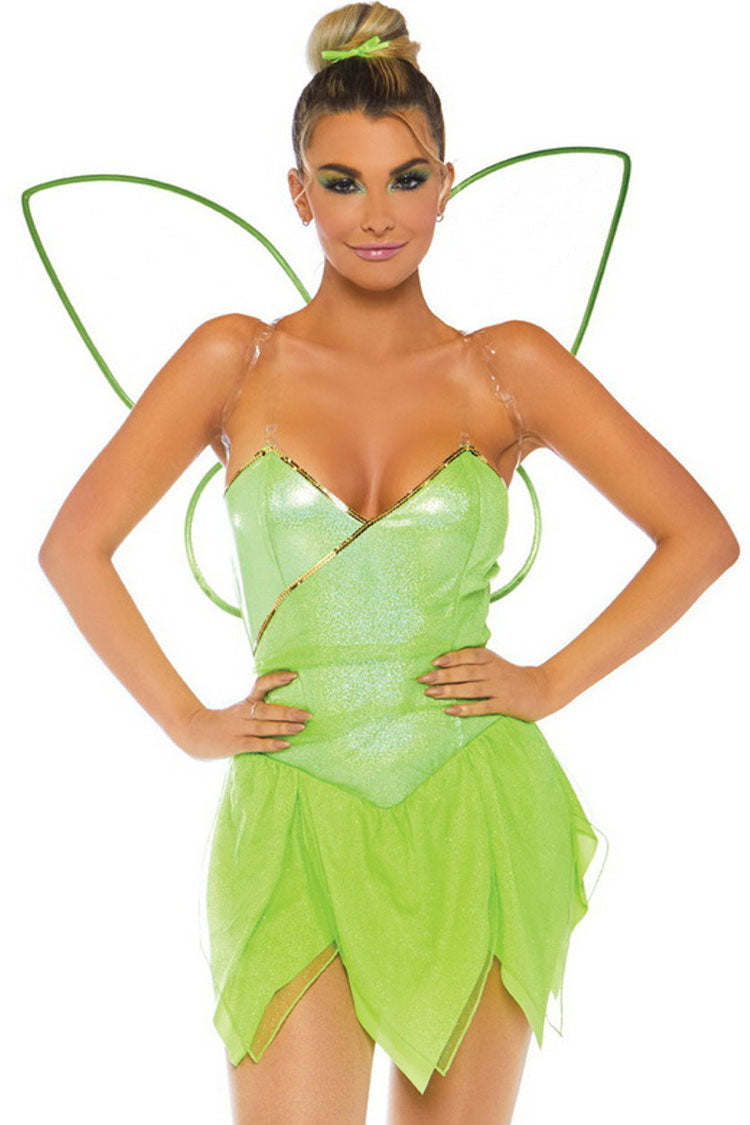 Forest Fairy Elf Cosplay Wing Petal Hem Halloween Party Mini Dress - Light Green