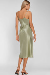 French Chic V Neck Spaghetti Strap Satin Slip Midi Dress - Light Green