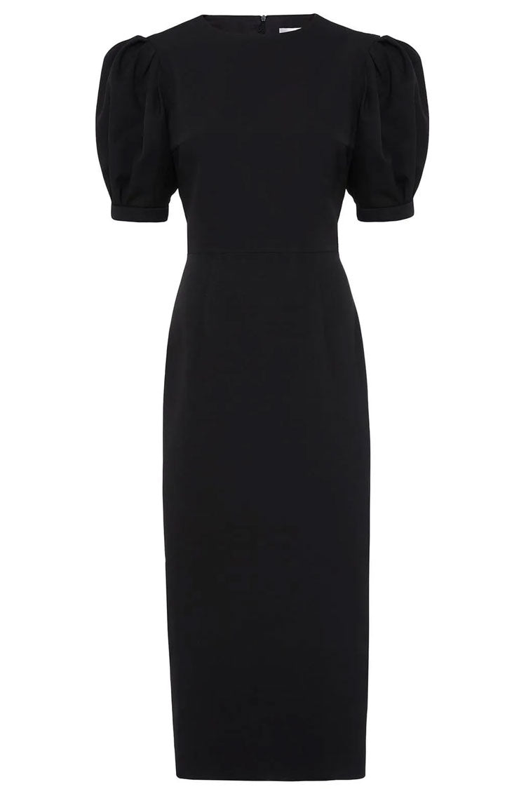 French Crew Neck Puff Sleeve Cocktail Party Midi Dress - Black