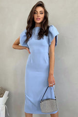 French Crew Neck Puff Sleeve Split Bodycon Cocktail Party Midi Dress - Blue