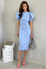 French Crew Neck Puff Sleeve Split Bodycon Cocktail Party Midi Dress - Blue