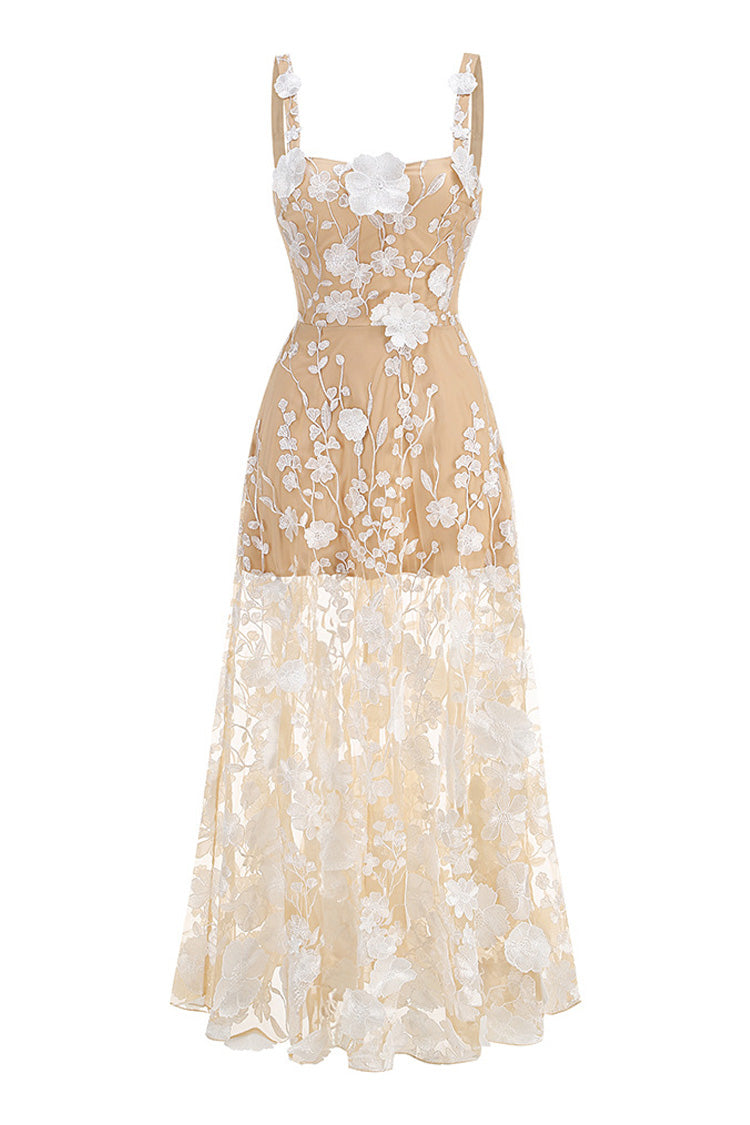 French Style Floral Embroidered Sleeveless A Line Tulle Evening Maxi Dress