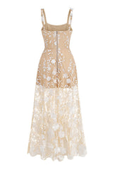 French Style Floral Embroidered Sleeveless A Line Tulle Evening Maxi Dress