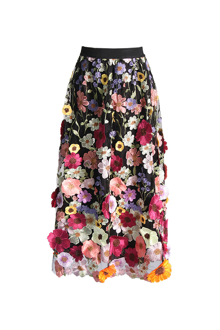 French Style High Waist Gathered A Line Embroidered Floral Tulle Midi Dress