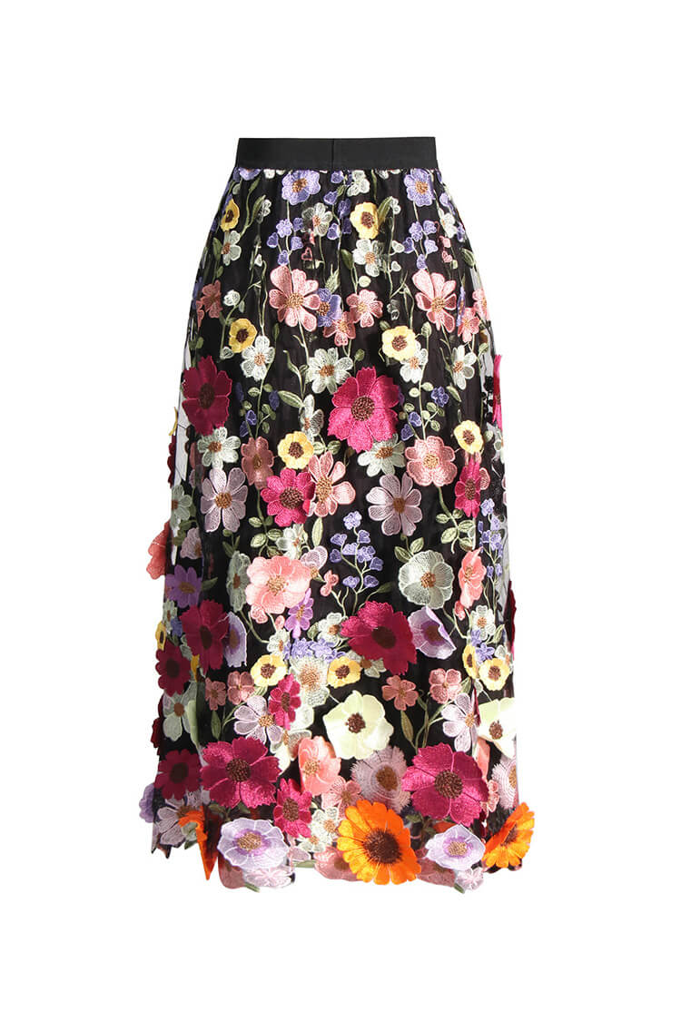 French Style High Waist Gathered A Line Embroidered Floral Tulle Midi Dress