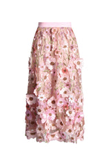 French Style High Waist Gathered A Line Embroidered Floral Tulle Midi Dress