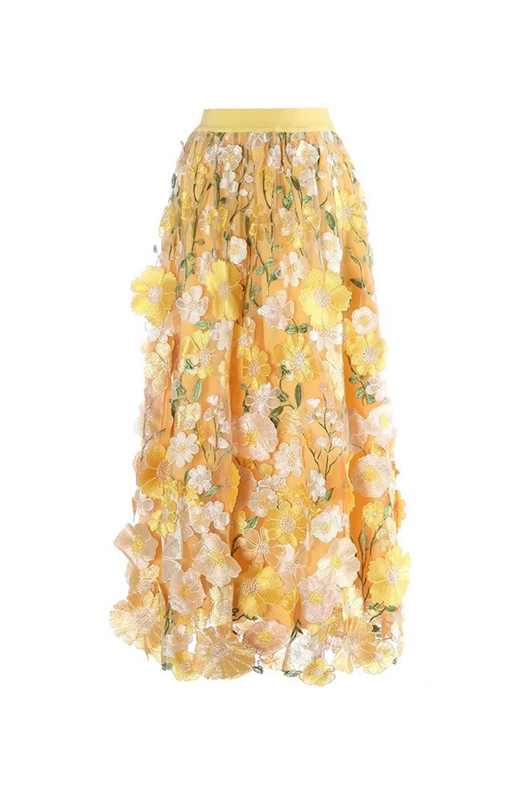 French Style High Waist Gathered A Line Embroidered Floral Tulle Midi Dress