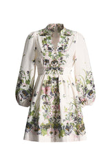 French Style Plunge Floral Print Blouson Sleeve Beach Vacation Mini Dress