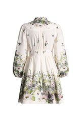 French Style Plunge Floral Print Blouson Sleeve Beach Vacation Mini Dress