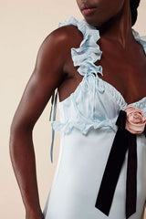 French Style Rosette Bow Trim Ruffle Bustier Sleeveless Formal Maxi Dress