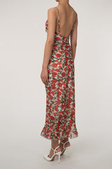 French Style Ruched Tie Neck Floral Print Fishtail Slip Maxi Sundress