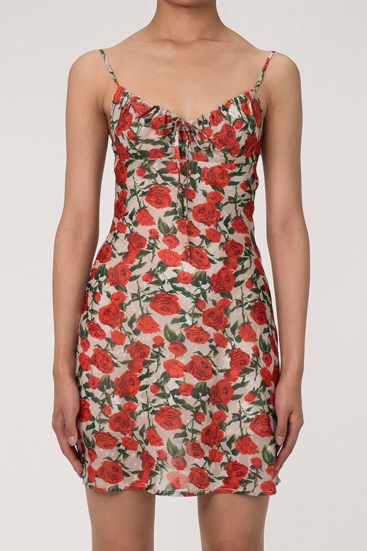 French Style Ruched Tie Neck Floral Printed Summer Slip Mini Sundress