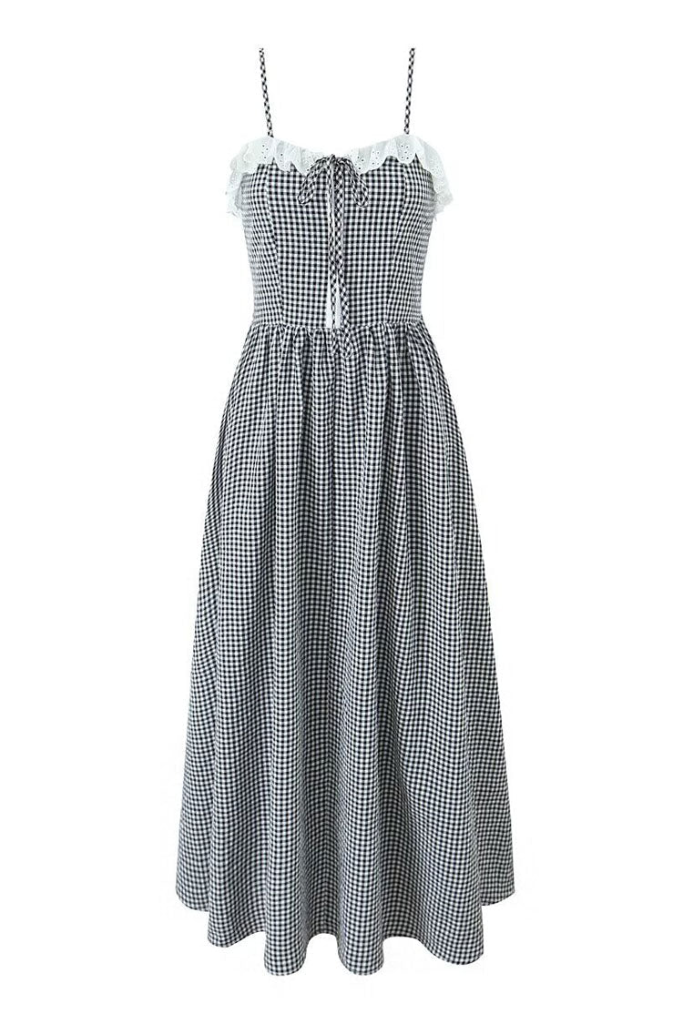 French Style Ruffle Sweetheart Gingham Cami Beach Vacation Midi Sundress