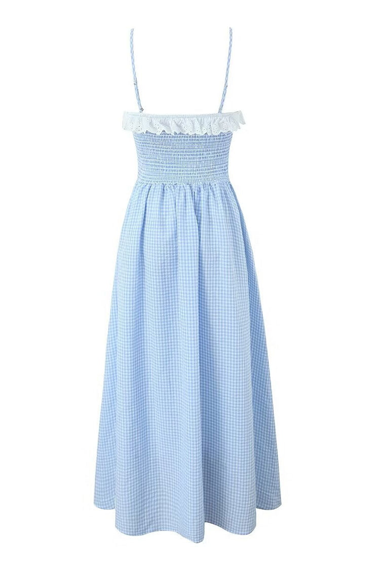 French Style Ruffle Sweetheart Gingham Cami Beach Vacation Midi Sundress