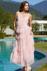 French Style Ruffle V Neck Sleeveless Tiered Tulle Evening Maxi Dress - Pink