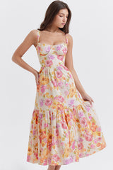 French Sweetheart Fit and Flare Ruffle Floral Printed Midi Sundress - Beige