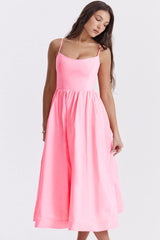 Fresh Scoop Neck Spaghetti Strap Pocket Trim Fit & Flare Midi Sundress - Pink