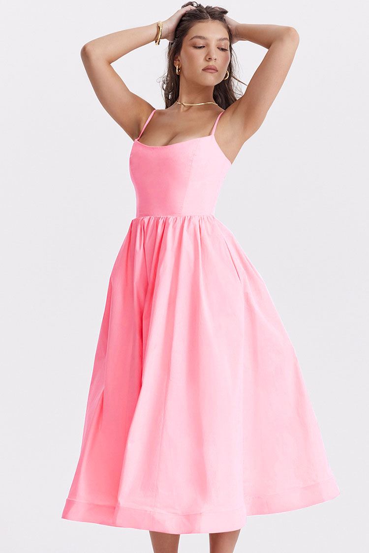 Fresh Scoop Neck Spaghetti Strap Pocket Trim Fit & Flare Midi Sundress - Pink