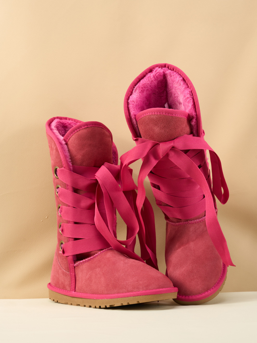 SMAIBULUN Ugg | Ribbon Lace-Up Faux Fur-lined Suede Boot - Fuchsia