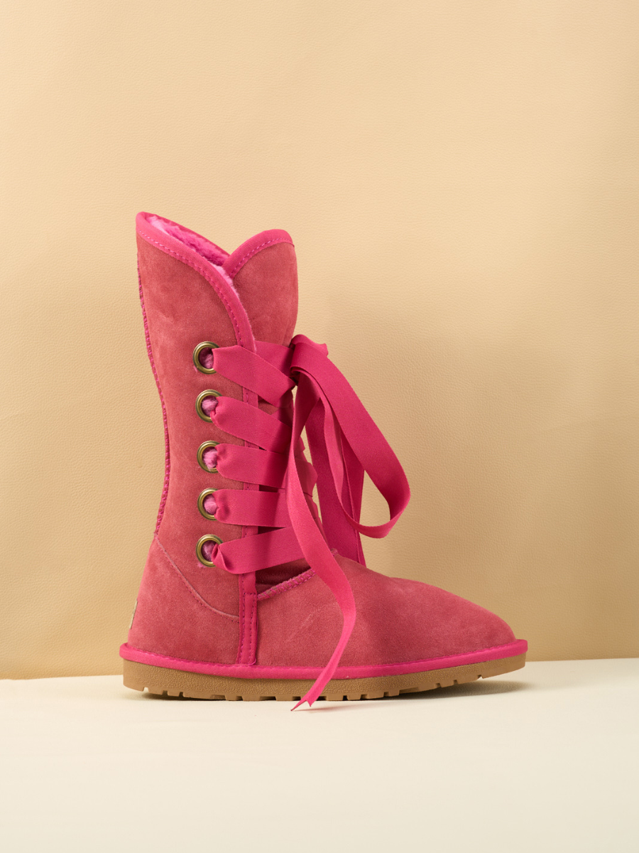 SMAIBULUN Ugg | Ribbon Lace-Up Faux Fur-lined Suede Boot - Fuchsia