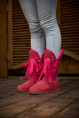 SMAIBULUN Ugg | Ribbon Lace-Up Faux Fur-lined Suede Boot - Fuchsia